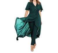 2 Pieces Plus Size Mother of The Bride Outfits Lace Chiffon Peacock Mother of The Bride Trouser Suits with Jacket 22