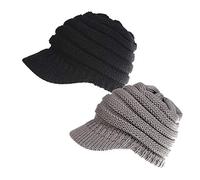 2 Pieces Ponytail Beanie Hat Womens Winter Warm Cable Knit Messy Bun Hat Crochet Peaked Beanie Cap (Black + Grey)