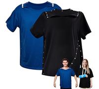 2 Pieces Post Surgery Shirt for Men Women Unisex Shoulder Surgery Shirts Left Right Side Snap Access Recovery Hospital Shirts, Black, Blue, XL