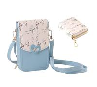 2 Pieces Set PU Leather Floral Prins Phone Bags for Women Minimalist Crossbody Bags with Short Wallet (Blue)