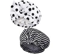 2 Pieces Shower Caps for Women, Waterproof Reusable Shower Hair Caps Elastic Hem Shower Bath Caps for Short Curly and Long Hair for Women Girls (Black Dot and Stripe)