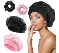 2 Pieces Silk Hair Cap Night with Scrunchies, FUKPO Satin Silk Bonnet Silk Cap for Curly Hair, Satin Night Shower Headphones for Sleeping Women (Black, Pink)