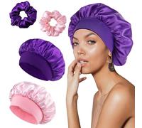 2 Pieces Silk Hair Cap Night with Scrunchies, FUKPO Silk Hat Satin Bonnet Silk for Curly Hair, Satin Night Shower Headphones for Sleeping Women (Purple, Pink)