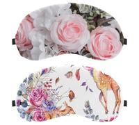 2 Pieces Sleep Mask for Side Sleeper Men Women, Hand Painted Sika Deer Rose Flower Light Blocking Eye Mask Cover Eyeshade with Adjustable Strap, Night Blindfold
