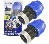 2 Pieces Sleeve Ø 20 mm x 1/2″ with Female Thread Reinforced | with Galvanised Steel Ring Adapter Made of Polypropylene PP for Connecting Polyethylene PE Pipes - MONTERAL