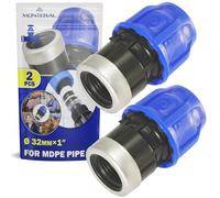 2 Pieces Sleeve Ø 32 mm x 1″ with Female Thread Reinforced | Galvanised Steel Ring Adapter Made of Polypropylene PP for Connecting Polyethylene PE Pipes - MONTERAL