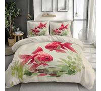 2 Pieces Small Single Duvet Cover, Soft Brushed Microfiber Light White Printed Bedding Set - Chinese Traditional Animal Fish Comforter Cover with Zipper Closure for Boys Girls Teenagers 120 × 150 cm