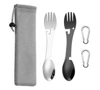 2 Pieces Stainless Steel Multifunctional Fork and Spoon Can Opener with 2 Carabiners, 1 Piece Storage Bag, Integrated Cutlery, Suitable for Outdoor, Hiking (Silver, Black).