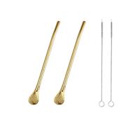 2 Pieces Stainless Steel Straw Spoon Filter with 2 Cleaning Brush, Reusable Tea Spoon for Loose Tea, Yerba Mate Straw, Metal Drinking Straws, Coffee Stirrers for Drinks Milk Beverage (Gold)