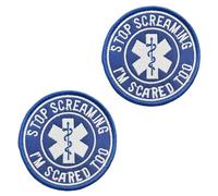 2 Pieces Stop Screaming I'm Scared Too Embroidery Patch Accessories Nylon Blue Letters Badge Funny Patch Applique for Clothes Hat Jacket Backpacks T-Shirt Jeans Baseball Cap Decoration