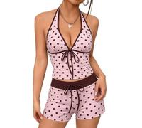 2 Pieces Tankini Set for Women UK Sexy V Neck Polka Dot Bikini Sets Y2k Tummy Control Halter Top and Drawstring Short Push-Up Swimwear Summer Cute Swimsuit Beach Pool Vacation Outfit Pink