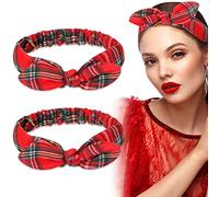 2 Pieces Tartan Red Headbands Buffalo Plaid Headbands for Women Christmas Hair Accessories Red Bow Hair Band Knot Headwrap for Girls Child Xmas Festival Holiday