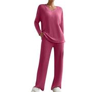 2 Pieces Tracksuit Ribbed Knit Full Set Ladies Winter Pjs Sets Co Ord Sets for Women V Neck Long Sleeve Jumper and Wide Leg Pants with Pockets Solid Color Leisure Suits Nightwear