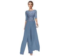 2 Pieces Trouser Suits for Ladies Wedding Slate-Blue Mother of The Bride Outfits Chiffon Trouser Suits for Women UK Size 18