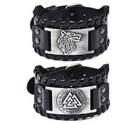 2 Pieces Viking Celtic Knot Bracelet, Silver Wolf Head Leather Bracelet, Vintage Wide Cuff Wristband Bangle, Nordic Odin Bracelet, Medieval Amulet Jewelry Bracelet for Women Men