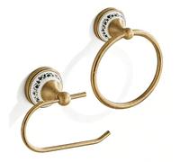 2 Pieces Vintage Bathroom Accessories Set, NEWRAIN Antique Brass Toilet Paper Holder and Hand Towel Holder Set, Retro Wall Mounted Toilet Roll Holder and Towel Ring Set,Ceramic Base