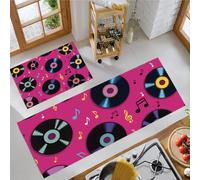 2 Pieces Vinyl Records Musical Notes Kitchen Floor Mats, Non Slip Music Retro Style Kitchen Rugs for Decoration, Washable Pink Door Mats for Hallway Dining Room Entryway 50x80cm+50x180cm