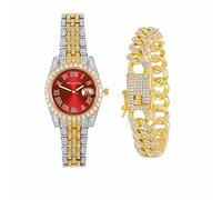 2 Pieces Watch + Bracelet Stainless Steel Gold Gold Date Watch Men's ICY Paved Rhinoceros Men's Watch Reloj Hombre