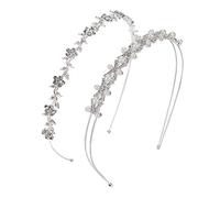 2 Pieces Wedding Party Women's Faux Pearl Rhinestones Headband Flower and Leaves Crown Hair Band for Bride Bridesmaids