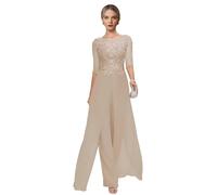 2 Pieces Wedding Trouser Suits for Women UK Flowy Lace Chiffon Champagne Mother of The Groom Trouser Suits Size 12