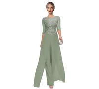 2 Pieces Wedding Trouser Suits for Women UK Flowy Lace Chiffon Sage Mother of The Groom Trouser Suits Size 10