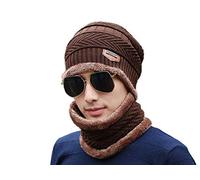2 Pieces Winter Hat Scarf Set Warm Knit Thick Beanie Scarves Knitted Cap for Men, Coffee, M