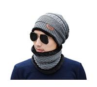 2 Pieces Winter Hat Scarf Set Warm Knit Thick Beanie Scarves Knitted Cap for Men, Grey, M