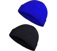 2 Pieces Winter Short Fisherman Beanie Hat Trawler Beanie Watch Hat Edge Skullcap for Men (Black and Blue)