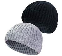 2 Pieces Winter Wool Knit Trawler Beanie Hat Short Fisherman Skullcap Knit Beanie Cap for Men/Women