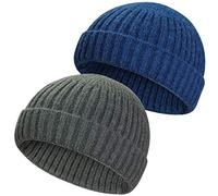2 Pieces Winter Wool Knit Trawler Beanie Hat Short Fisherman Skullcap Knit Beanie Cap for Men/Women