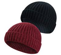2 Pieces Winter Wool Knit Trawler Beanie Hat Short Fisherman Skullcap Knit Beanie Cap for Men/Women