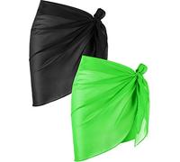 2 Pieces Women Beach Wrap Sarong Cover Up Chiffon Swimsuit Wrap Skirts (Black and Fluorescent Green)