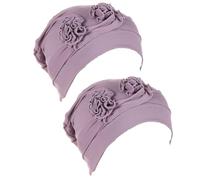 2 Pieces Women Chemo Headwear Pre-Tied Turbans Cap Beanie Hat Head Wraps Hair Coverings for Ladies Sleep Cap Chemo Cancer Hat with Flower Design (UK, Alpha, One Size, Purple)