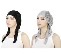 2 Pieces Women Turban Ladies Solid Colors Pre-Tied Head Wrap Scarf Soft Breathable Beanie Lace Flower Muslim Headwear Headwraps Bandana for Chemo Hair Loss Traveling Hiking