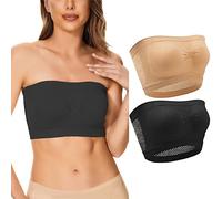 2 Pieces Women's Bandeau Bra, Strapless Non-Padded Bandeau Breathable mesh Tube Top Bra (Black Nude 2XL)