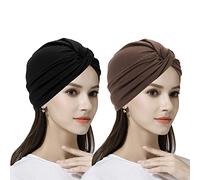2 Pieces Womens Elastic Cotton Cross Beanie Cap Stretchy Turban Head Scarf Hat Soft Chemo Hair Loss Head Wear Wrap Pleated Front Tie Headband Night Sleep Cap Slouchy Skull Hat for Ladies Girls