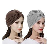 2 Pieces Womens Elastic Cotton Cross Beanie Cap Stretchy Turban Head Scarf Hat Soft Chemo Hair Loss Head Wear Wrap Pleated Front Tie Headband Night Sleep Cap Slouchy Skull Hat for Ladies Girls
