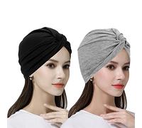 2 Pieces Womens Elastic Cotton Cross Beanie Cap Stretchy Turban Head Scarf Hat Soft Chemo Hair Loss Head Wear Wrap Pleated Front Tie Headband Night Sleep Cap Slouchy Skull Hat for Ladies Girls