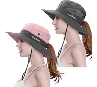 2 Pieces Womens Ponytail Wide Brim Sun Hat Packable UV Protection Beach Cap for Fishing & Hiking (Pink& Grey)