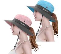 2 Pieces Womens Ponytail Wide Brim Sun Hat Packable UV Protection Beach Cap for Fishing & Hiking (Pink& Sky Blue)