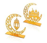 2 Pieces Wood Eid Mubarak Decorations Ramadan Kareem Table Decorations Golden Castle Ornaments for the Home Muslim Islamic Party Tabletop Eid Decor Table Cloth Art Craft