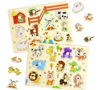 2 Pieces Wooden Jigsaw Puzzles for Kids,Wooden Animal Puzzle,Toddler Puzzles,Jungle Animals Gripping Puzzle Wood,Toddler Educational Toys,Gift for Girls and Boys Aged 2 and Over