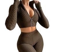 2 Pieces Yoga Set for Womens Textured Workout Sets Long Sleeve Zip Up Crop Top + Honeycomb Ruched Booty Shorts Butt Lifting Shorts Yoga Outfit Brown