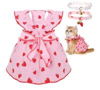 2-Piecs Cotton Detachable Pet Cat Dog Collar with Strawberry Pendant and Bell + 1-Piece Small Dog Cat Dress, Girl's Cat Costume, Cute Bow-Decorated Outfit, Strawberry Print Pet Birthday Set (S Size)
