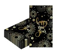 2-Ply Happy New Year Eve Napkins - 20Pcs Black Gold Tableware Decoration for 2025 Party - 40x33cm Disposable Cocktail Dinner Serviettes