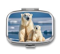 2 Polar Bears Pill Box, Portable Pill Organizer, Medicine Pill Container with Mirror and 2 Compartments, Daily Medicine Organizer, Travel Pill Case for Pocket Or Purse