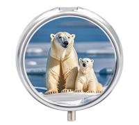2 Polar Bears Round Travel Pill Box with 3 Compartments | Small Metal Pill Case with Mirror, Portable Daily Pill Organizer, Mini Medicine Holder for