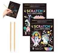 2 Rainbow Scratch Art Book Set with Wooden Stylus | 18PCS Unicorn & Adventure Princess Magic Safe Rainbow Scratch Paper for Kids, DIY Arts & Crafts Kit for Girls Boys Children