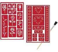 2 Reusable Glass Etching Stencils - Rose and Hearts Themed Etch Stencil - Wedding, Romantic, Love, Floral Heart, Roses Theme Design - Set Includes Brush