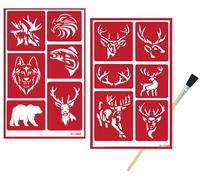 2 Reusable Glass Etching Stencils - Wildlife, Moose, Bear, Wolf, Deer, Antler Etch Themed Stencil - Wild Animal, Deers Theme Design - Set Includes Brush